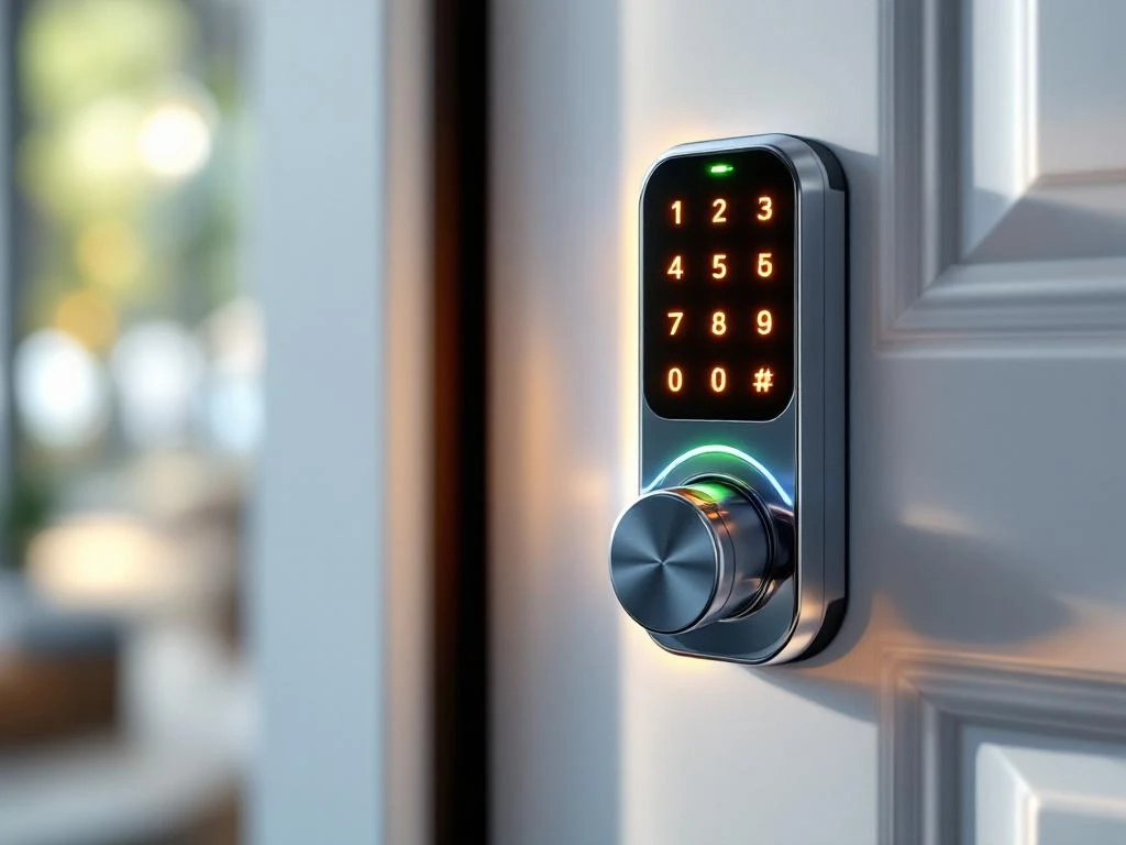 Modern elektronisch deurslot met verlicht touchscreen en groen indicatielampje op witte veiligheidsdeur
---
Note: This alt text is 110 characters and includes the key elements: the modern electronic door lock, illuminated touchscreen, green indicator light, and white security door, all in natural Dutch that would be valuable for screen reader users.