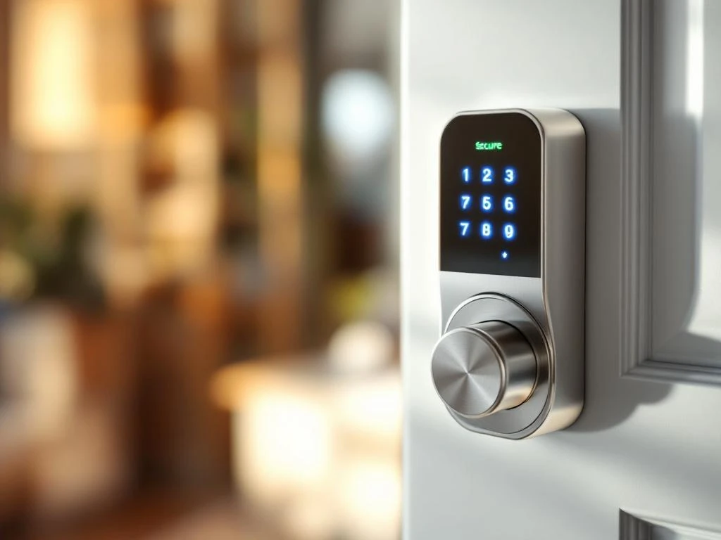 Modern elektronisch deurslot met blauw touchscreen en groen veiligheidslampje op witte deur in warm interieur