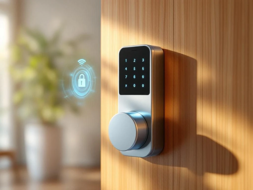 Modern chroom Bluetooth smart slot op houten deur met smartphone-bediening en blauwe LED-indicatoren