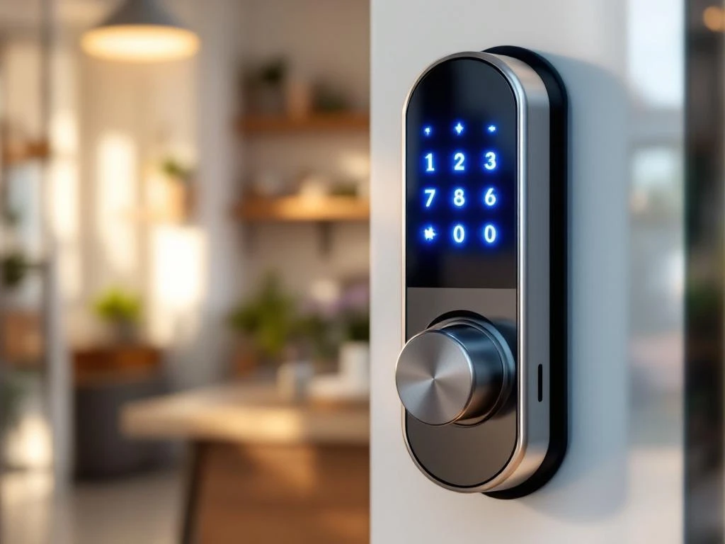 Modern smart lock met verlicht touchscreen op glazen winkeldeur in helder daglicht