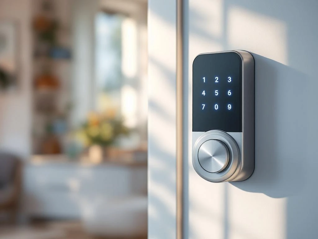 Chroom smart lock met verlicht touchscreen op witte deur in modern interieur met natuurlijk daglicht