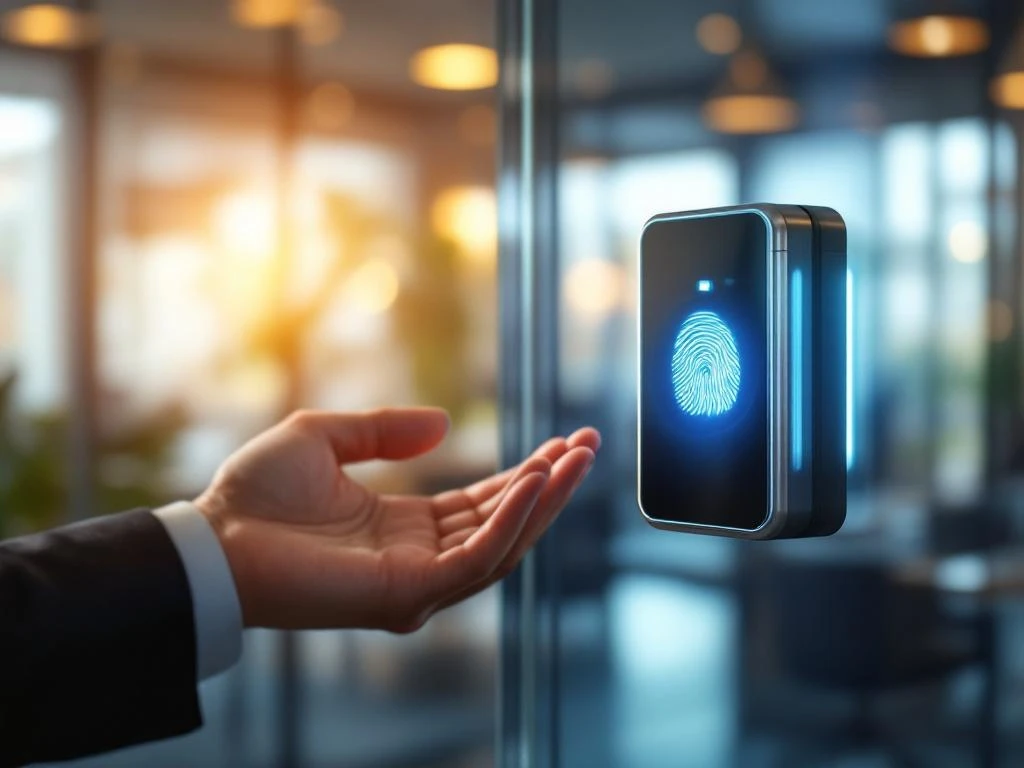 Biometrische vingerafdrukscanner op glazen kantoordeuren met blauwe verlichting en hand in modern kantoor