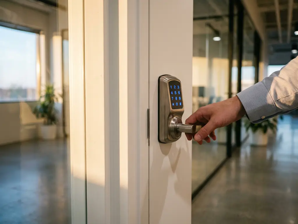 Moderne elektronische deurslot met digitaal toetsenpanel op witte kantoor deur, hand voert toegangscode in
