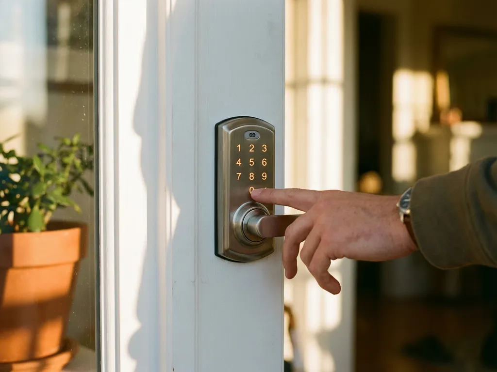 Moderne elektronische deurslot met digitaal toetsenbord op witte deur, hand nadert om code in te voeren bij huisingang