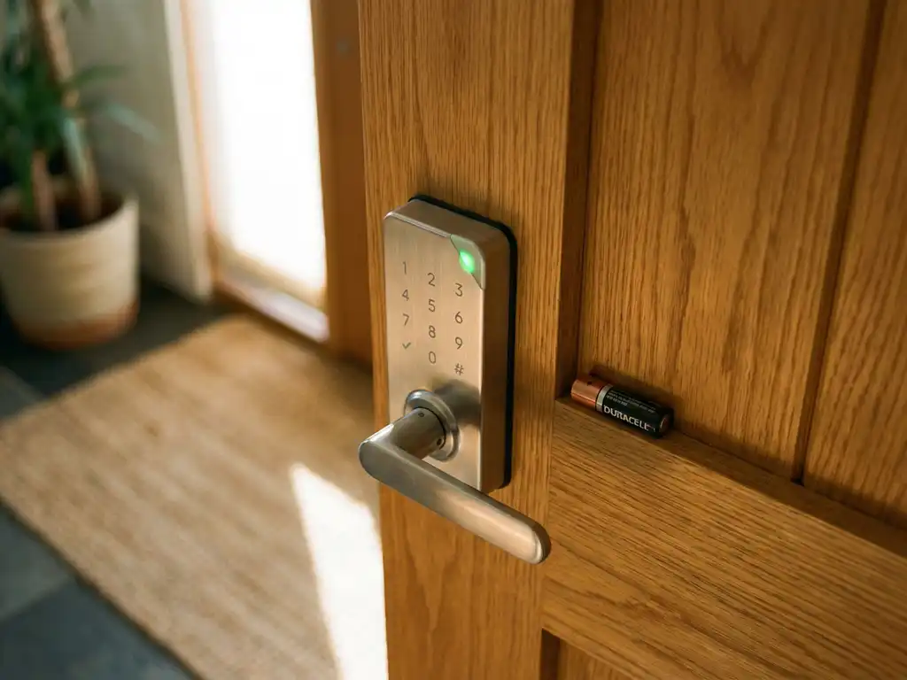 Moderne elektronische deurslot met groene LED-indicator op houten deur, AA batterij ernaast in natuurlijk daglicht
