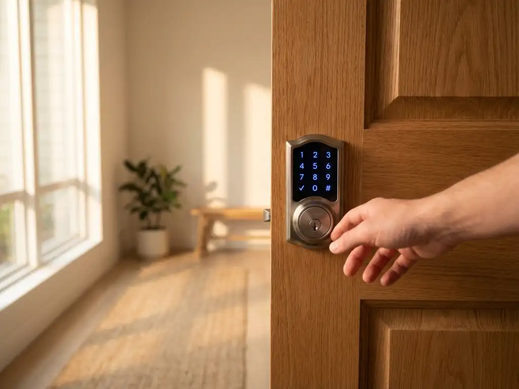 Moderne elektronische deurslot met blauwe LED-display op houten deur, hand nadert het toetsenpaneel in verlichte hal