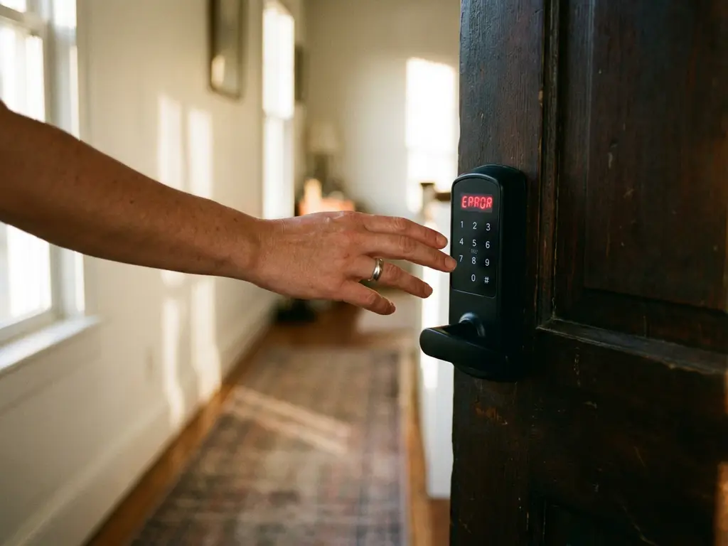 Zwart elektronisch deurslot met rode LED-storing op houten deur, hand nadert keypad in verlichte hal