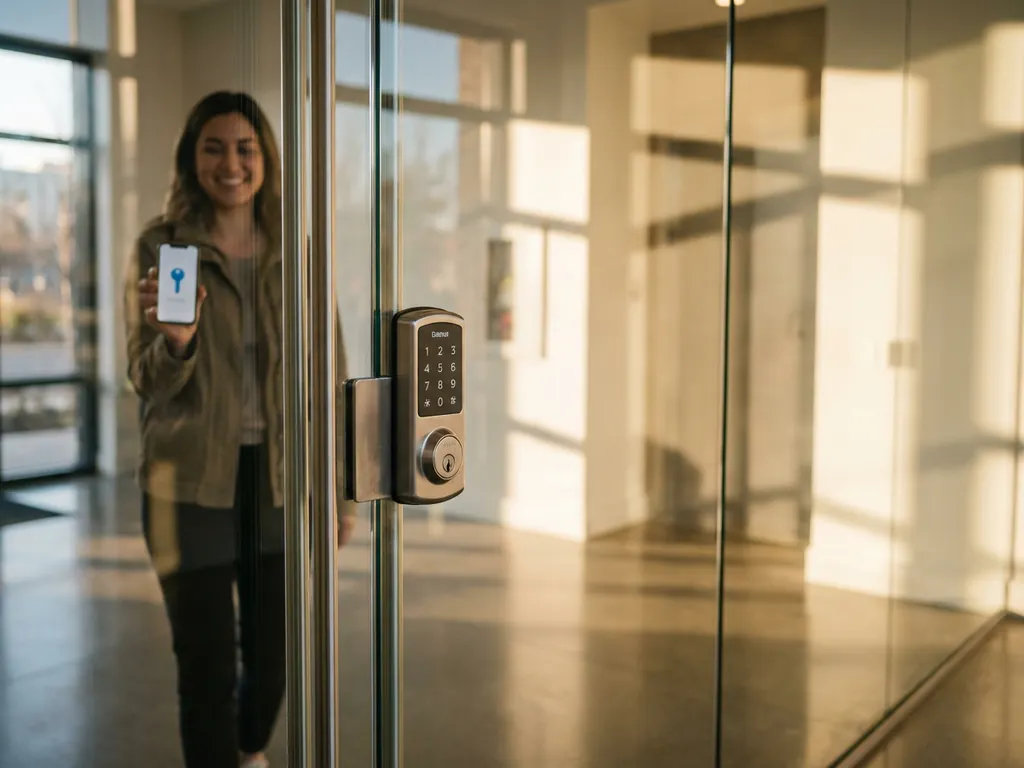 Elektronisch toetsenbord slot op glazen deur van modern appartementengebouw met bewoner die smartphone vasthoudt