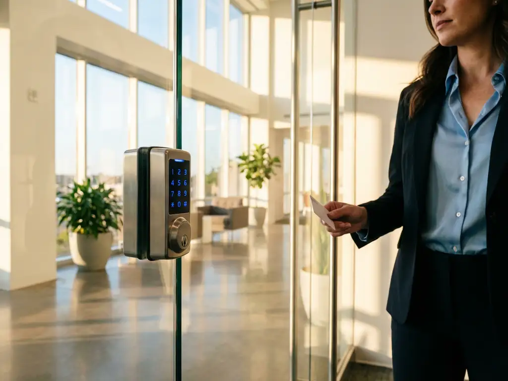 Elektronisch keypad slot op glazen kantoor deur met zakenvrouw die toegangskaart vasthoudt in moderne lobby
