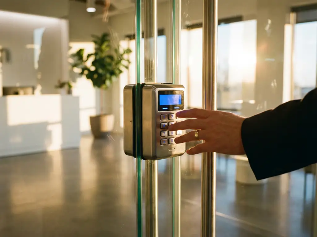 Elektronisch cijferslot op glazen deur met hand die toegangscode invoert in moderne kantoorlobby