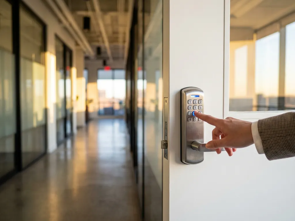 Moderne elektronische deurslot met blauwe LED-indicator, vrouwenhand nadert toetsenblok in hedendaags kantoor