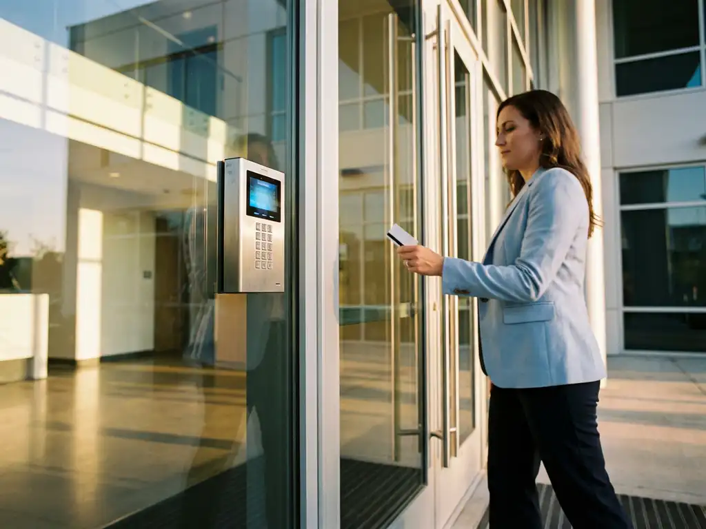 Zakenvrouw met keycard bij moderne kantoorgebouw ingang met elektronisch slot en glazen deuren
