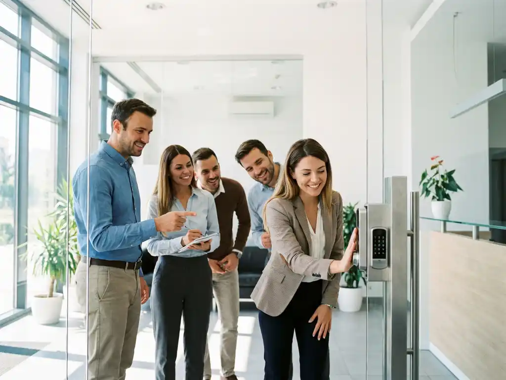 Kantoormedewerker demonstreert elektronisch deurslot aan collega's in moderne werkruimte met natuurlijk licht