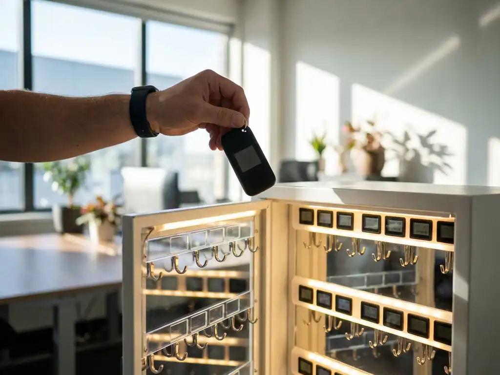 Vastgoedbeheerder houdt elektronische sleutelhanger boven digitale sleutelkast in moderne kantooromgeving