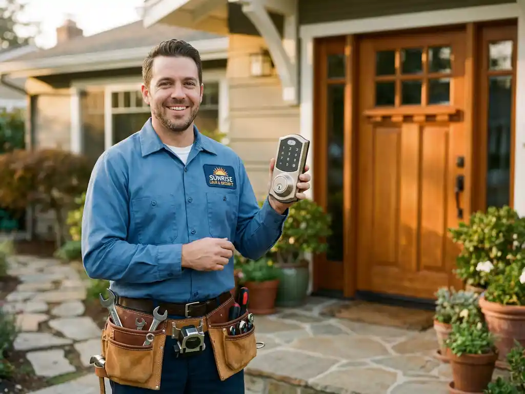 Vriendelijke slotenmaker in uniform toont moderne elektronische deurslot voor huis, gereedschap aan riem zichtbaar