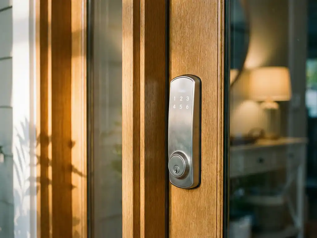 Moderne slimme deurslot met digitaal toetsenpaneel op houten voordeur in natuurlijk daglicht