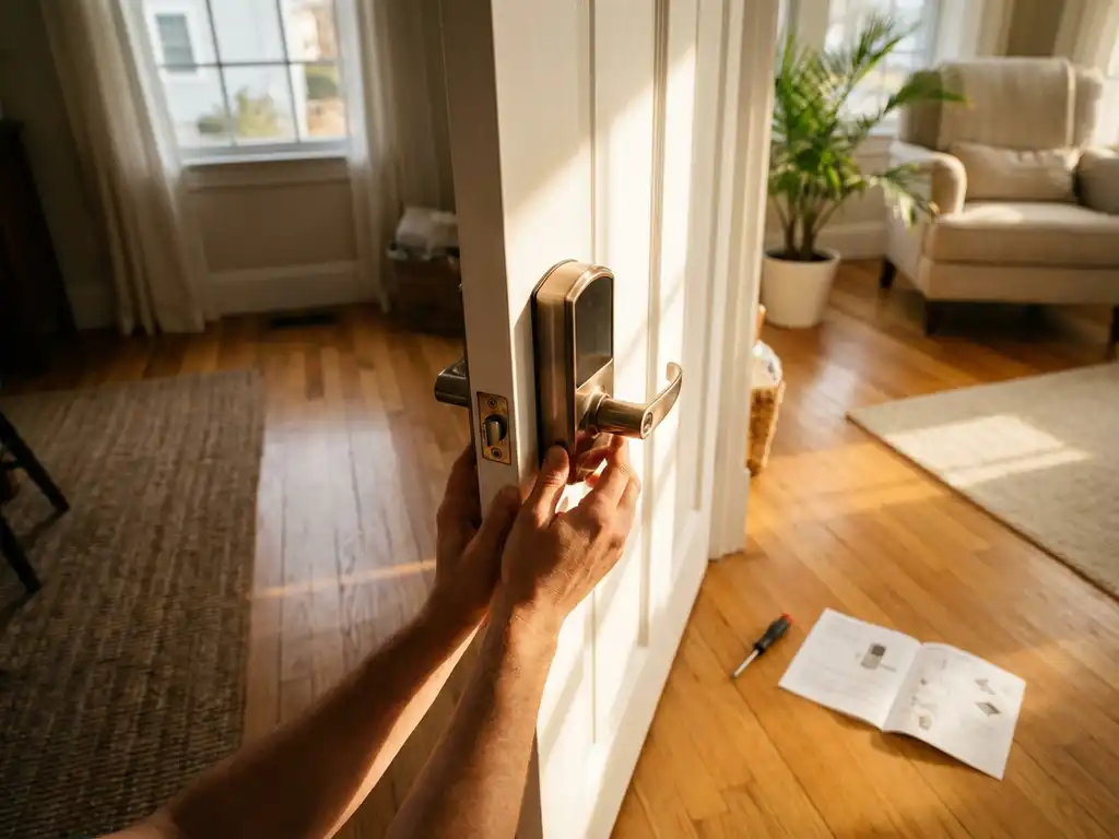 Persoon installeert moderne elektronische deurslot op witte deur met gereedschap op houten vloer in zonlicht