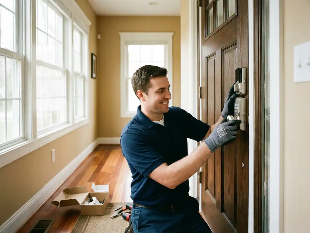 Professionele installateur monteert elektronisch deurslot op moderne houten deur in warme woonruimte