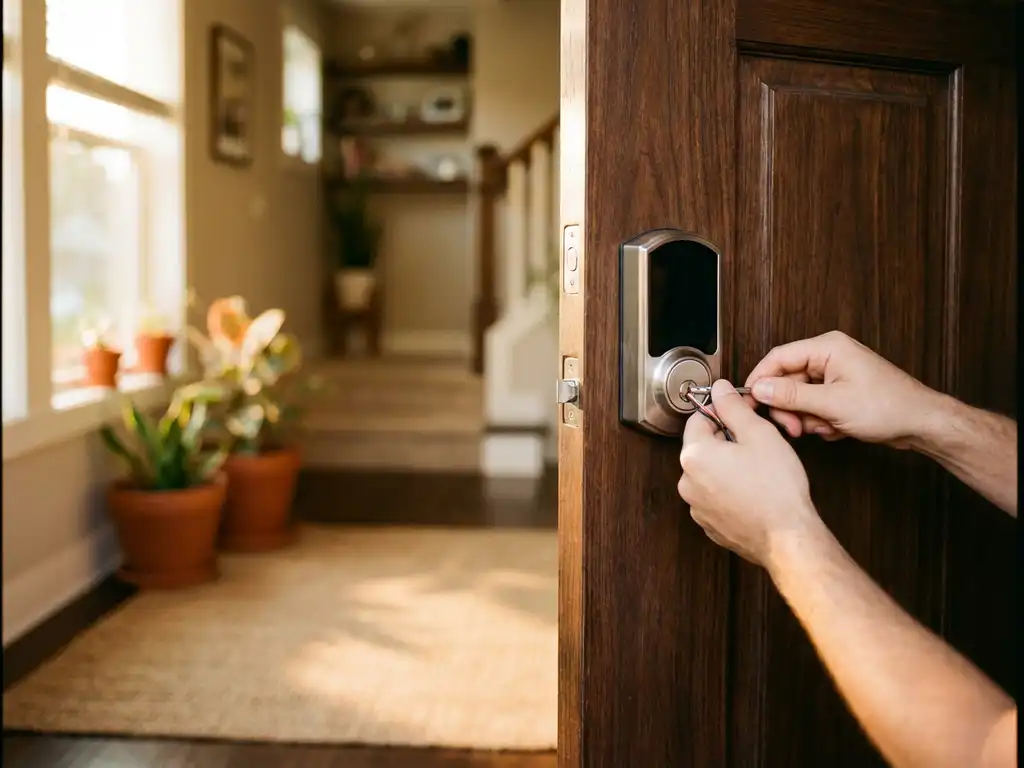 Technicus installeert moderne slimme deurslot op houten deur in gezellige huisingang met daglicht