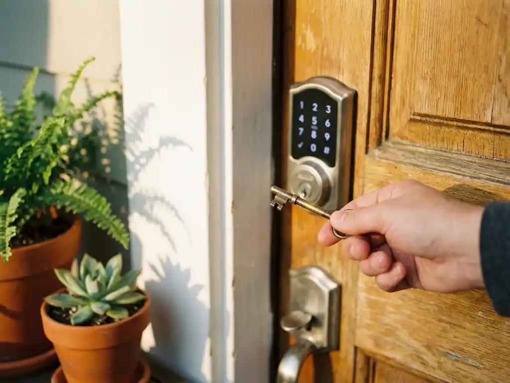 Moderne slimme deurslot op houten deur met traditionele sleutel in hand, natuurlijk daglicht, huiselijke sfeer