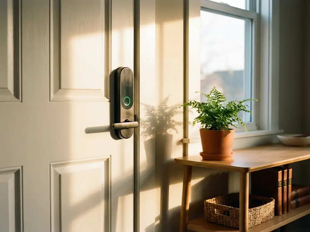 Moderne slimme deurslot met groene LED-indicator op witte houten deur in lichte entree met plant