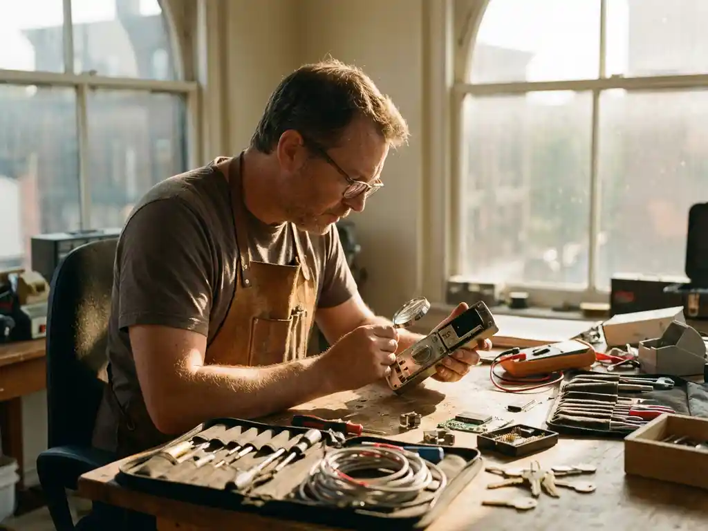 Vakkundige slotenmaker onderzoekt elektronisch deurslot met precisietools in lichte werkplaats met georganiseerde werkbank